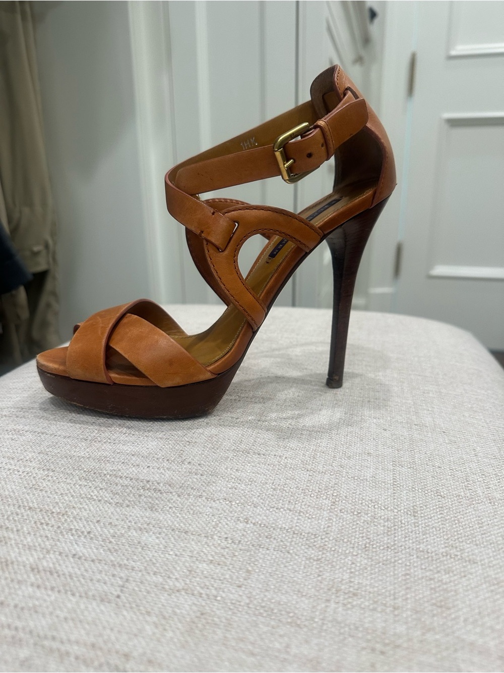 Ralph Lauren Women's Tan Leather High Heel Sandal with Ankle Strap